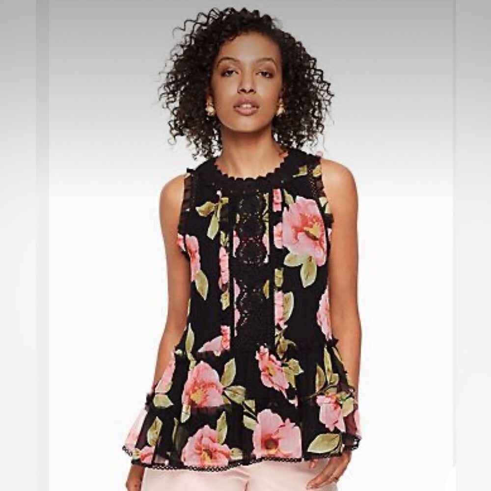 Kate Spade Madison Avenue Vintage Bloom Lauryn Top Black Pink Floral Silk XS NWT